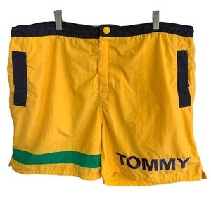 Tommy Hilfiger Men's Yellow Navy Swimming Trunks Pro Am Volleyball Y2K Spellout